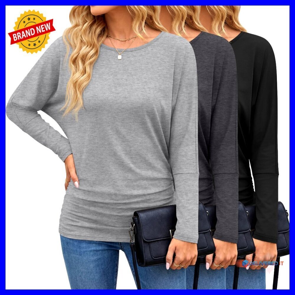 3 Pack Long Sleeve Dolman Tops, Flowy Bat Wing Sleeves, Ruched Side, Regular Fit